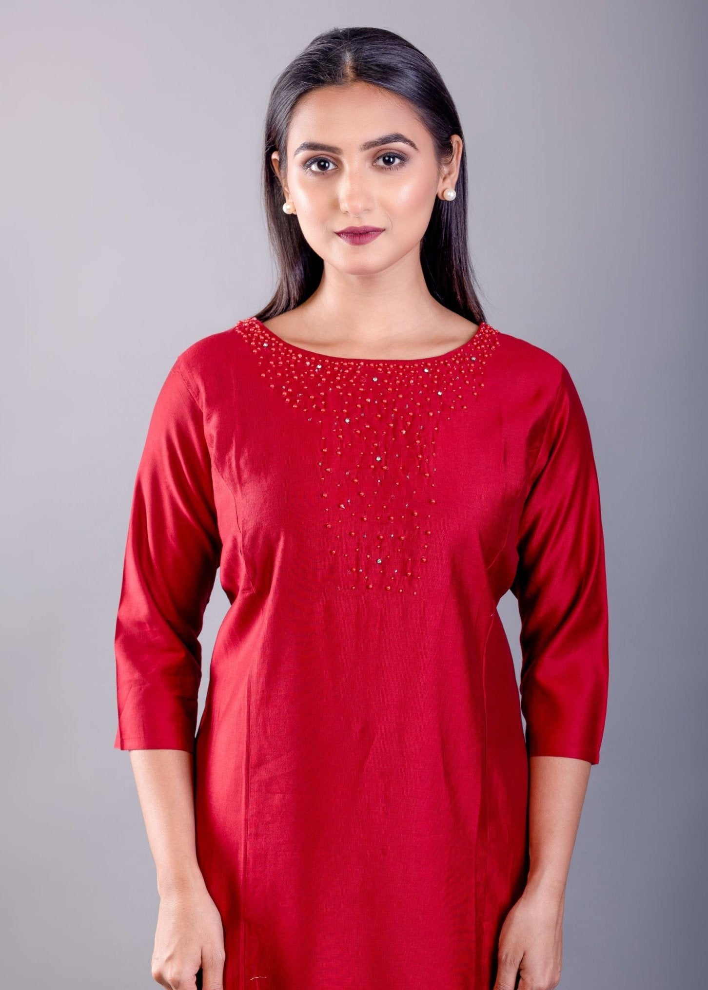 Buy Red Kurti with Red Pearl Motifs - Anvi Couture