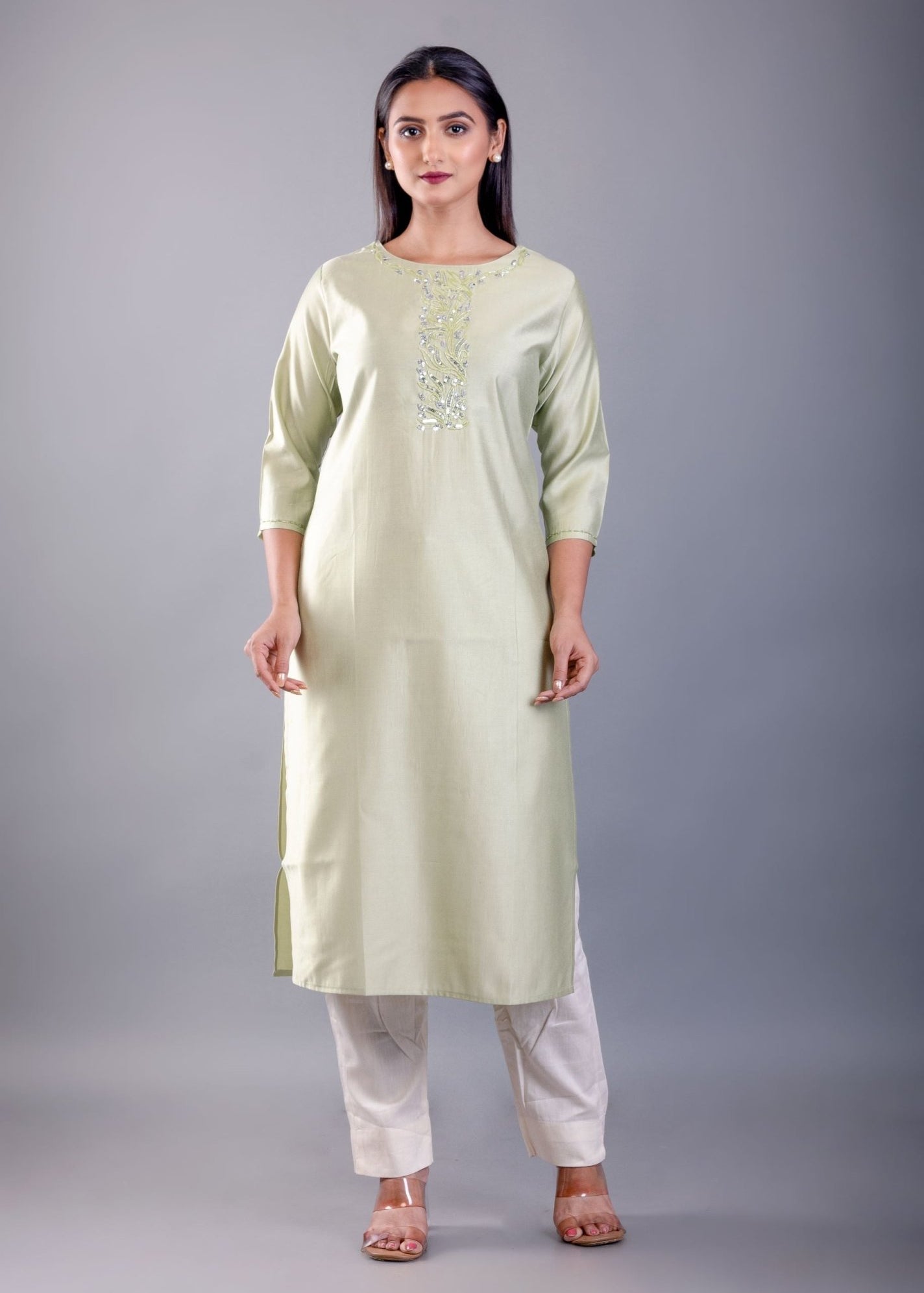 Sea Green Kurti With Embroidered Work - Anvi Couture