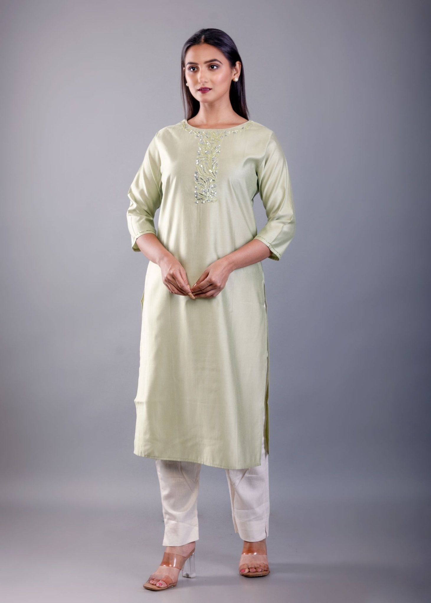 Sea Green Kurti With Embroidered Work - Anvi Couture