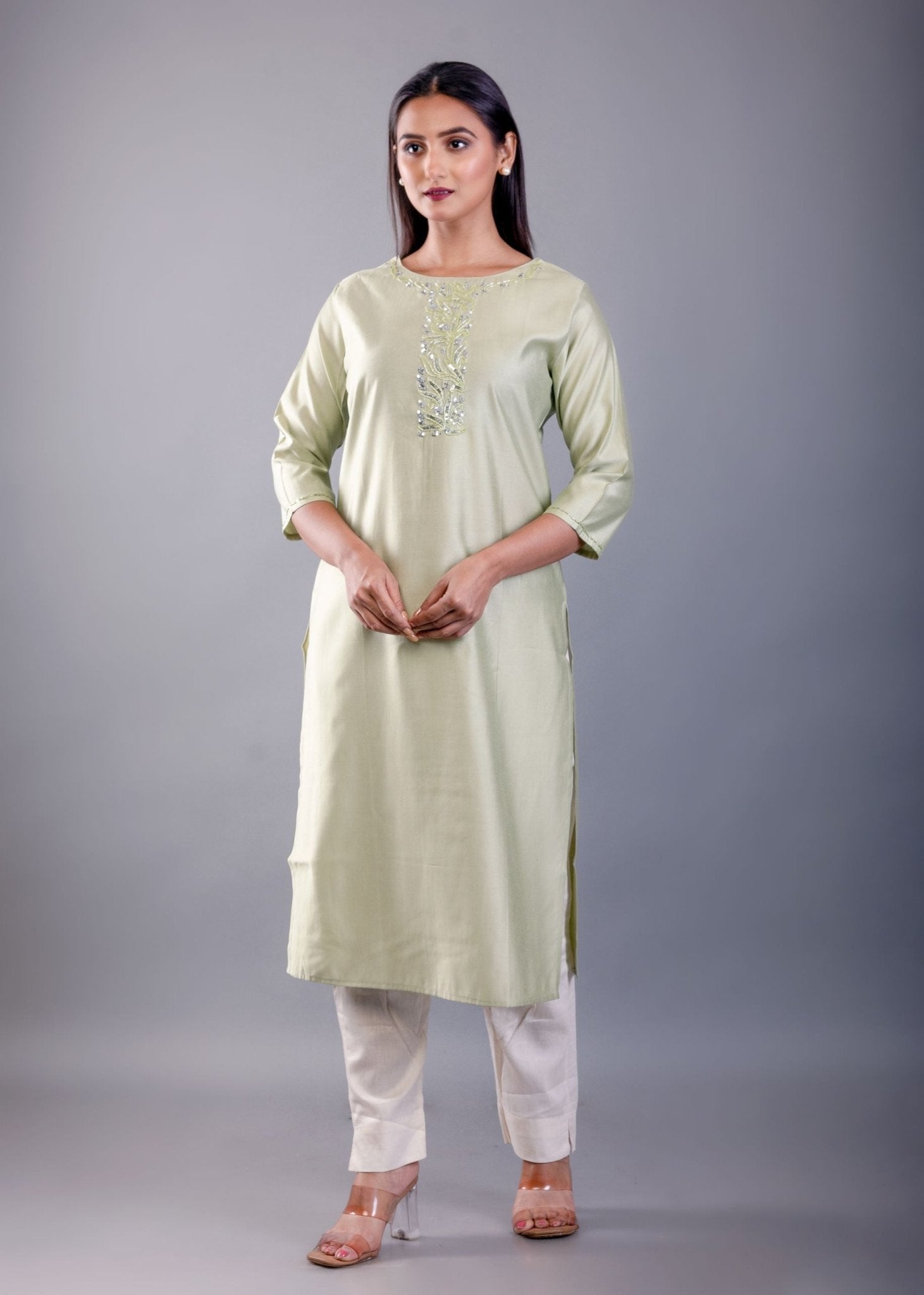 Sea Green Kurti With Embroidered Work - Anvi Couture