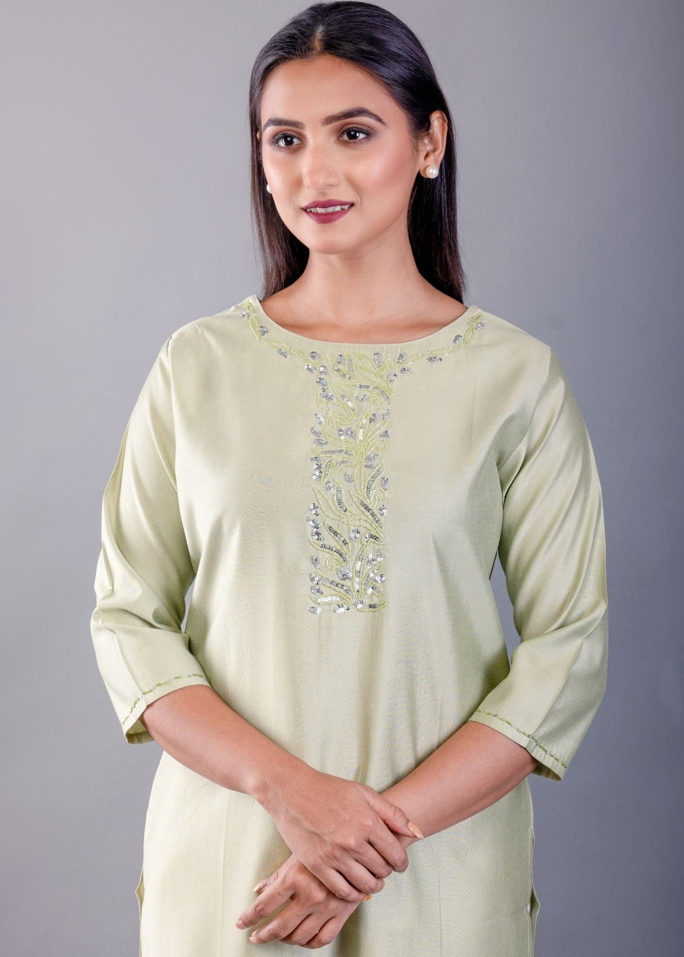Sea Green Kurti With Embroidered Work - Anvi Couture