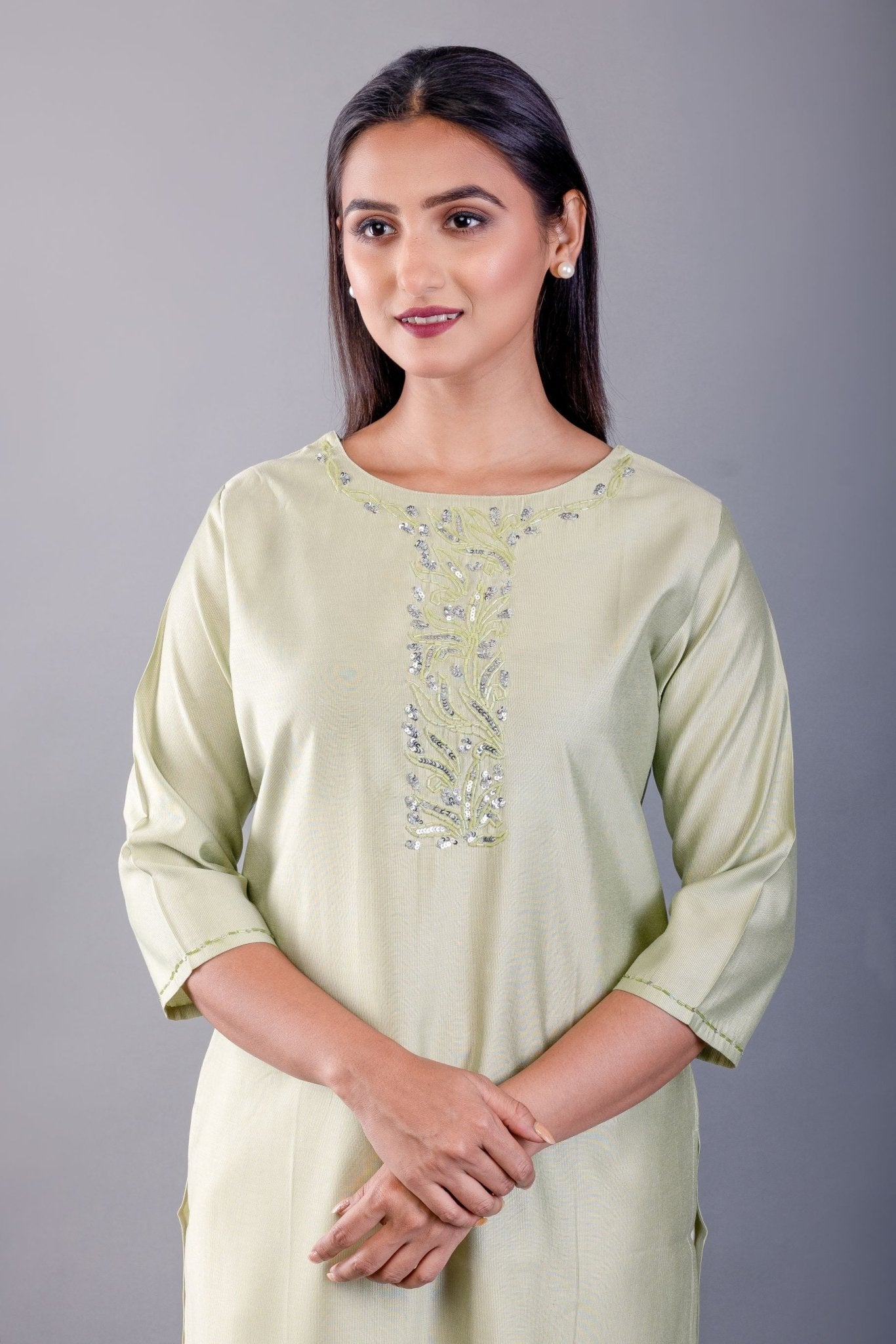 Sea Green Kurti With Embroidered Work - Anvi Couture