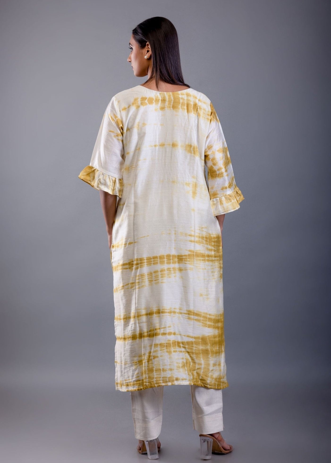 Yellow & White Shibori Kurti with Hand Embroidery Work - Anvi Couture