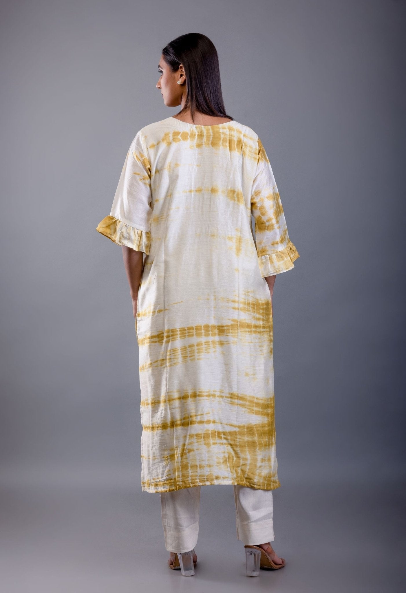 Yellow & White Shibori Kurti with Hand Embroidery Work - Anvi Couture