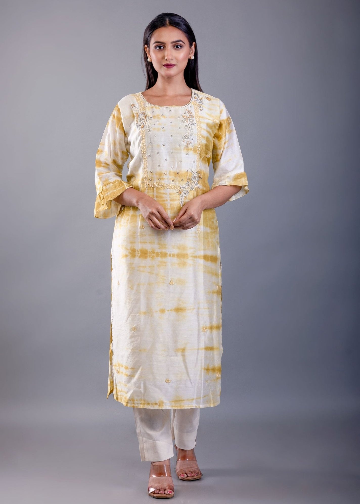 Yellow & White Shibori Kurti with Hand Embroidery Work - Anvi Couture
