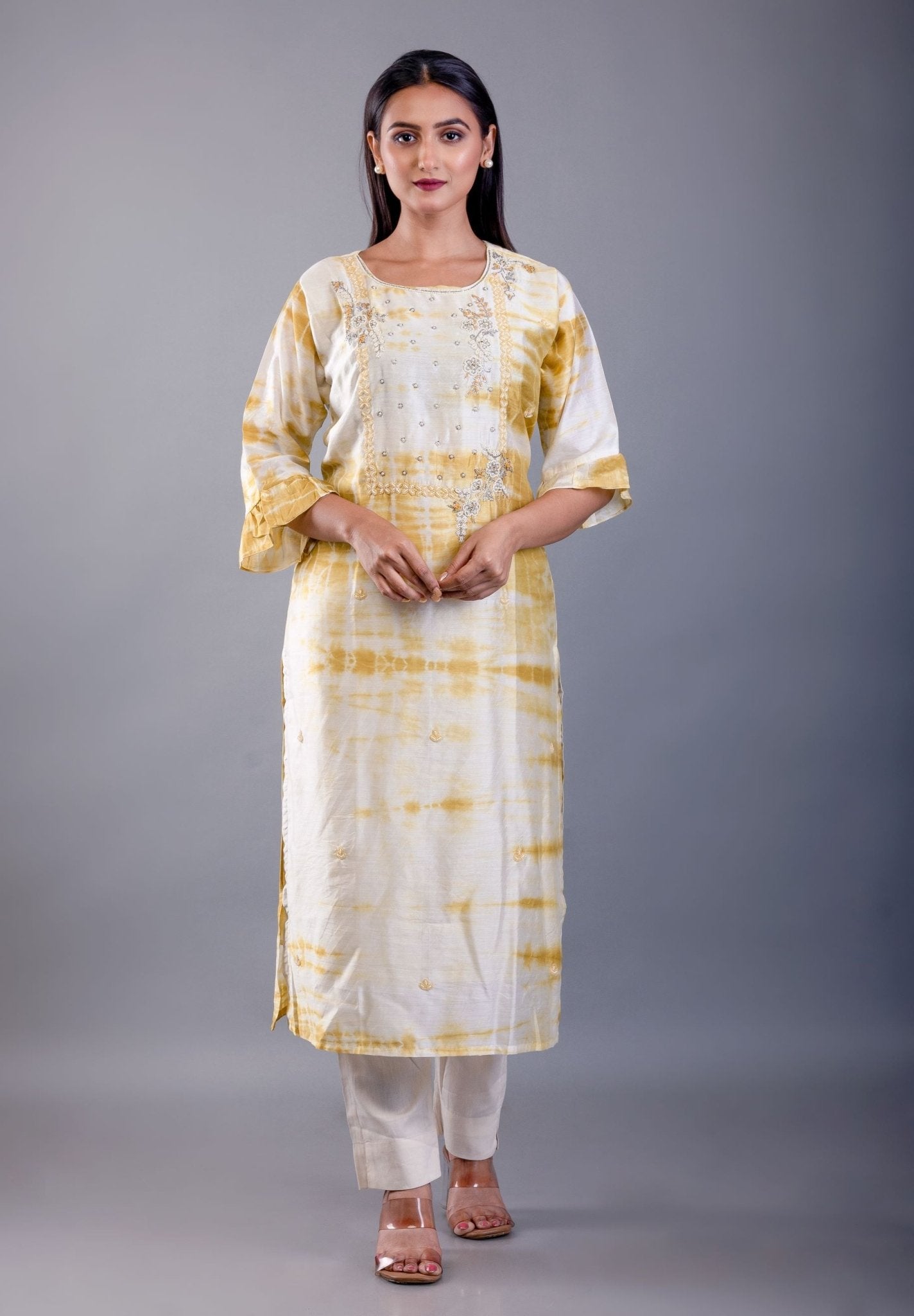 Yellow & White Shibori Kurti with Hand Embroidery Work - Anvi Couture