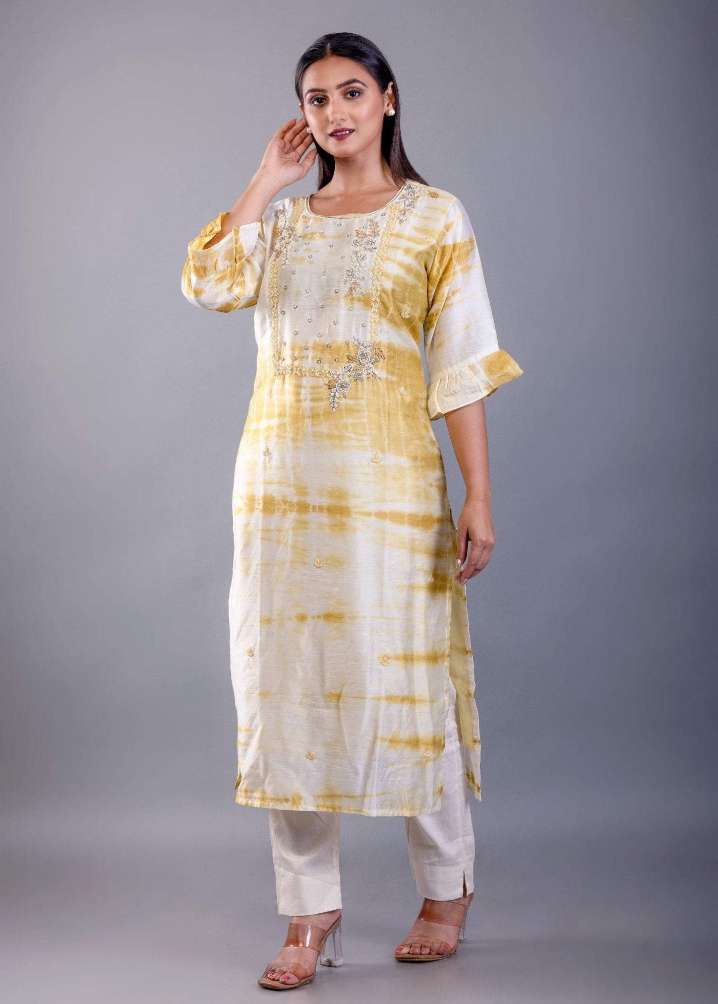 Yellow & White Shibori Kurti with Hand Embroidery Work - Anvi Couture