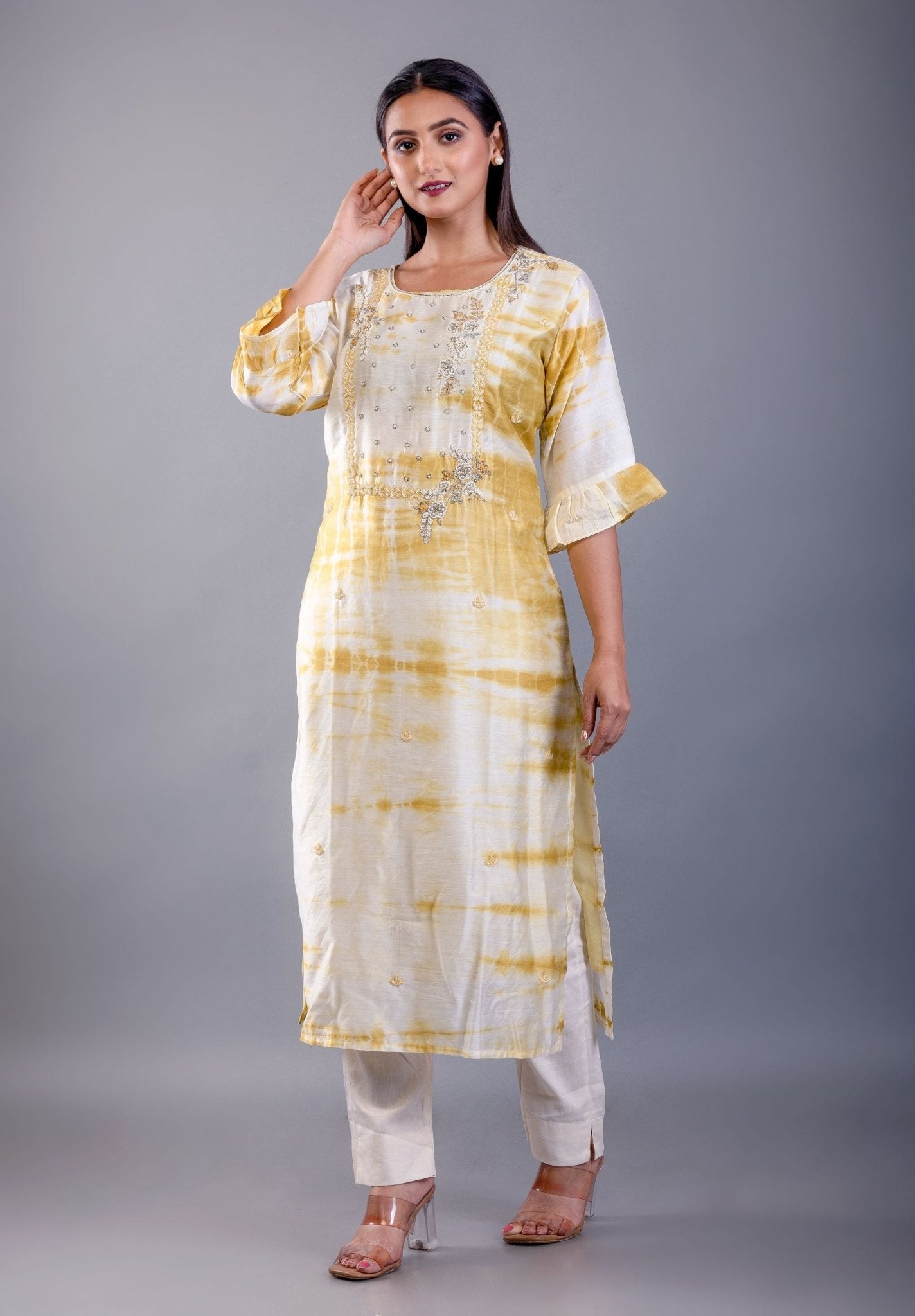 Yellow & White Shibori Kurti with Hand Embroidery Work - Anvi Couture
