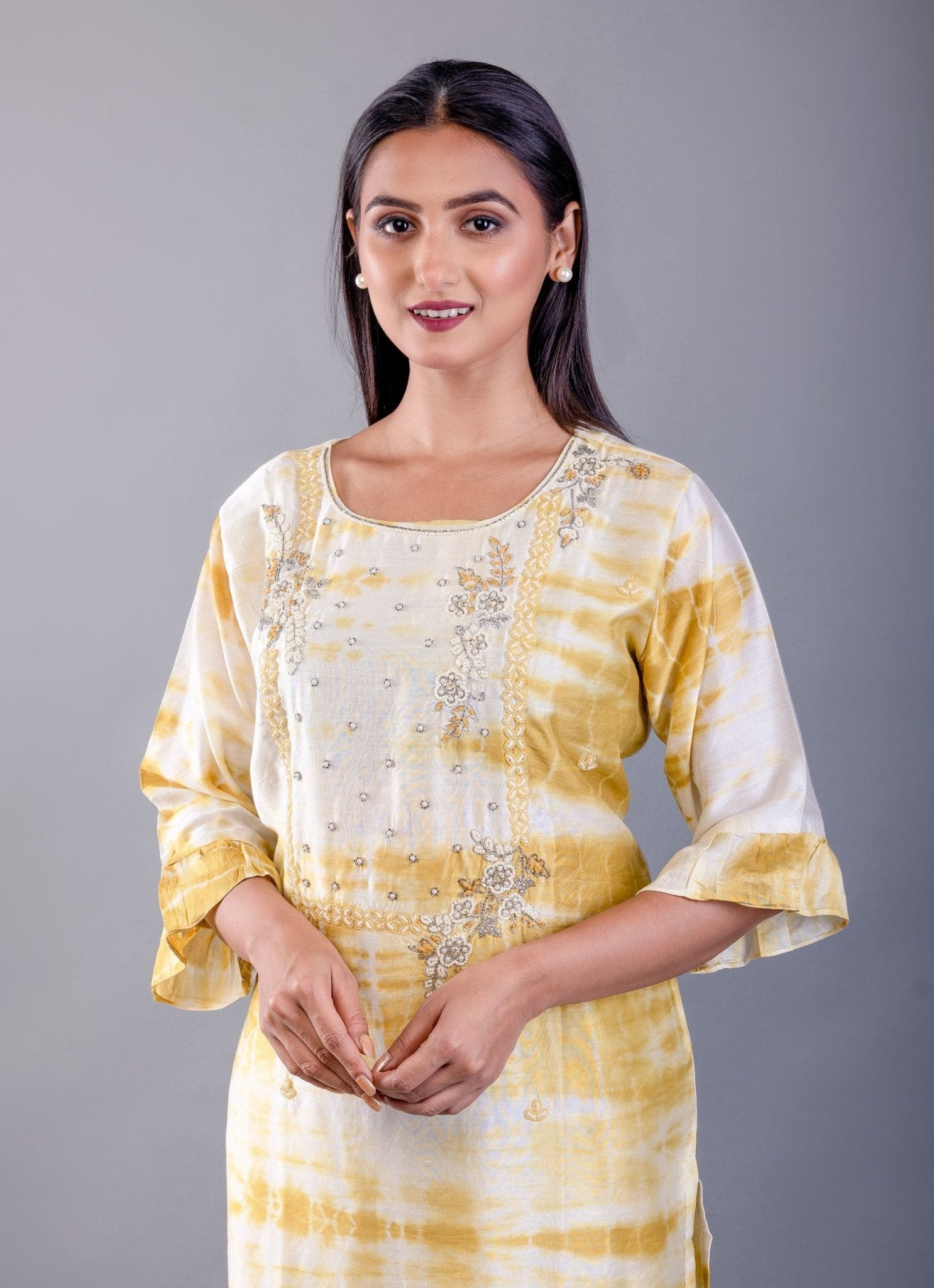 Yellow & White Shibori Kurti with Hand Embroidery Work - Anvi Couture