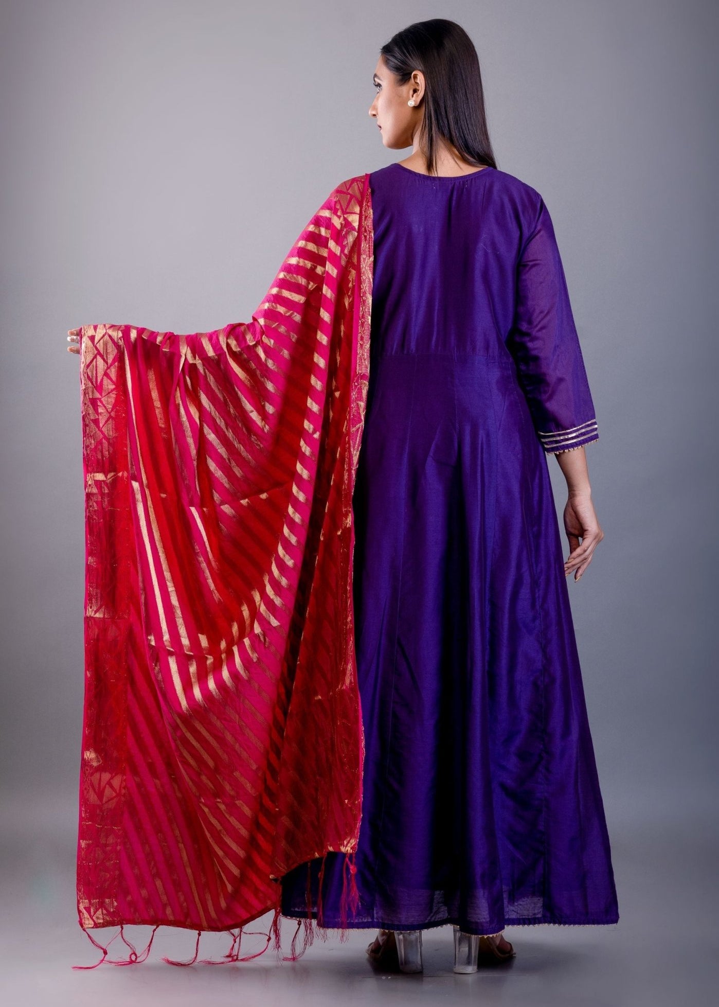 Blue Anarkali Kurti Set With Pink Dupatta - Anvi Couture