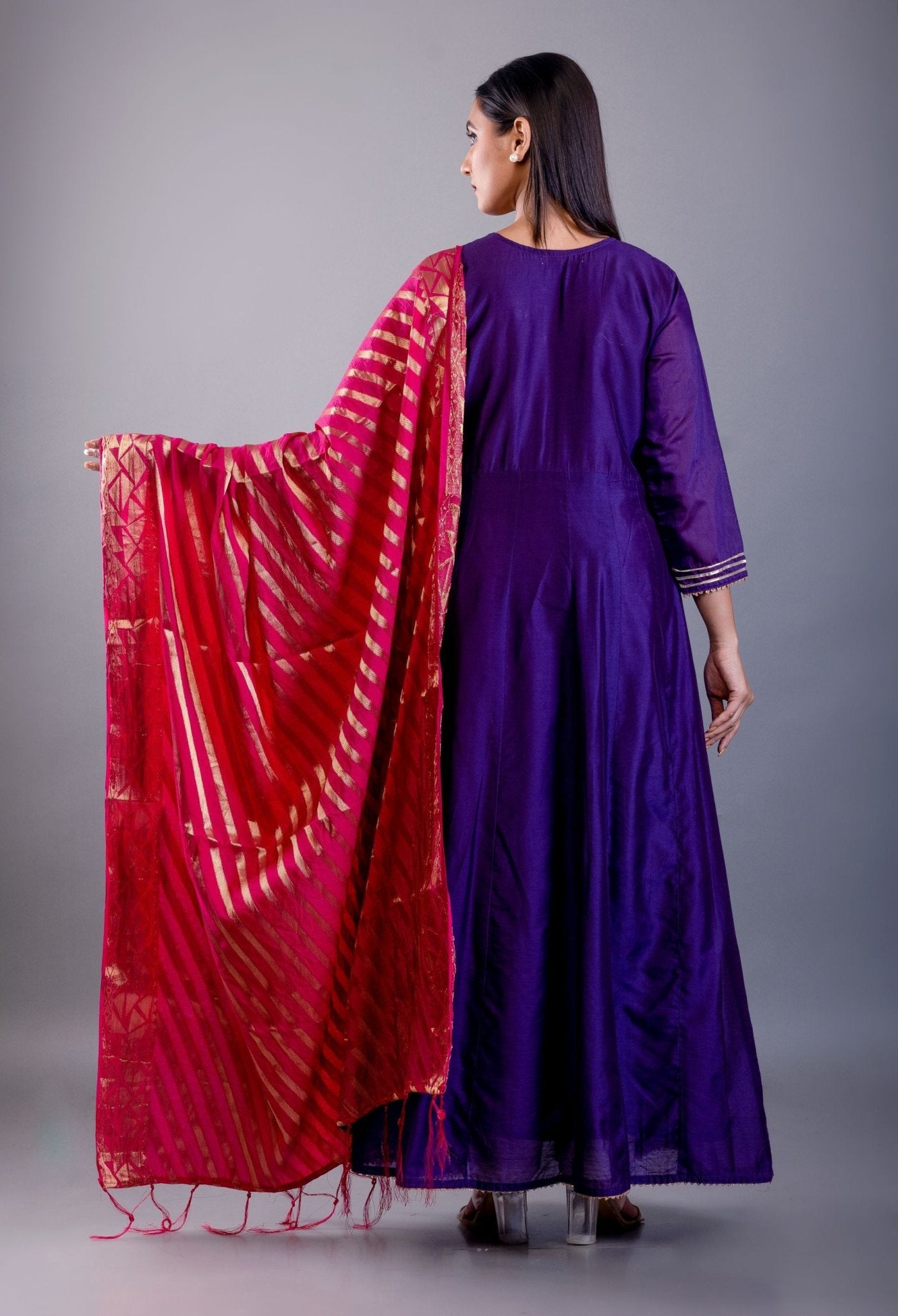 Blue Anarkali Kurti Set With Pink Dupatta - Anvi Couture