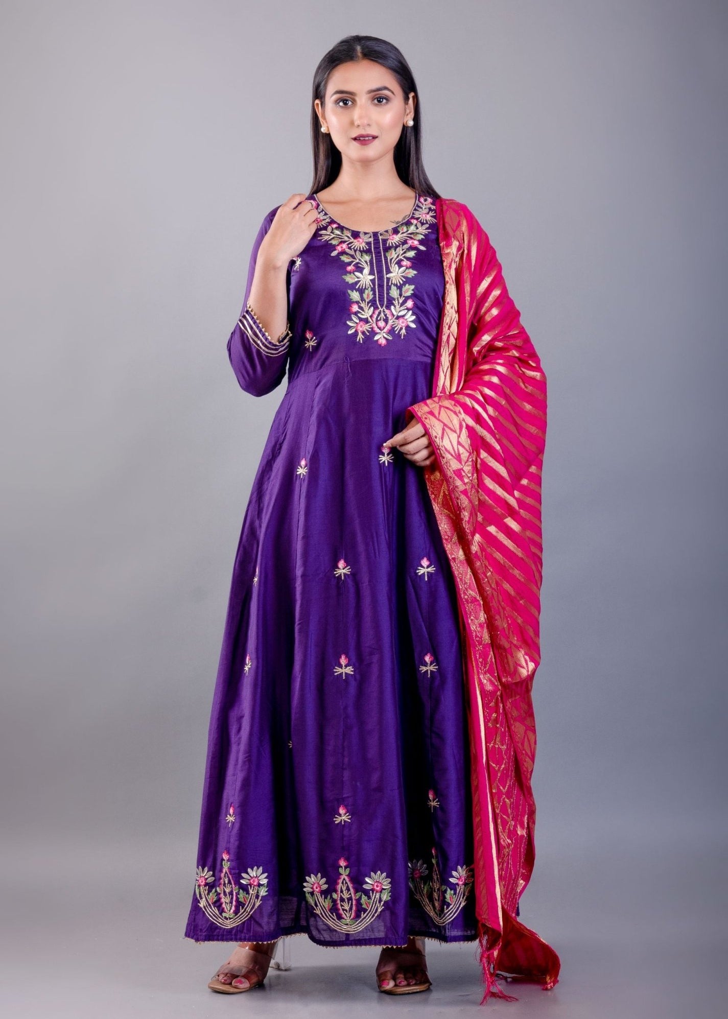 Blue Anarkali Kurti Set With Pink Dupatta - Anvi Couture
