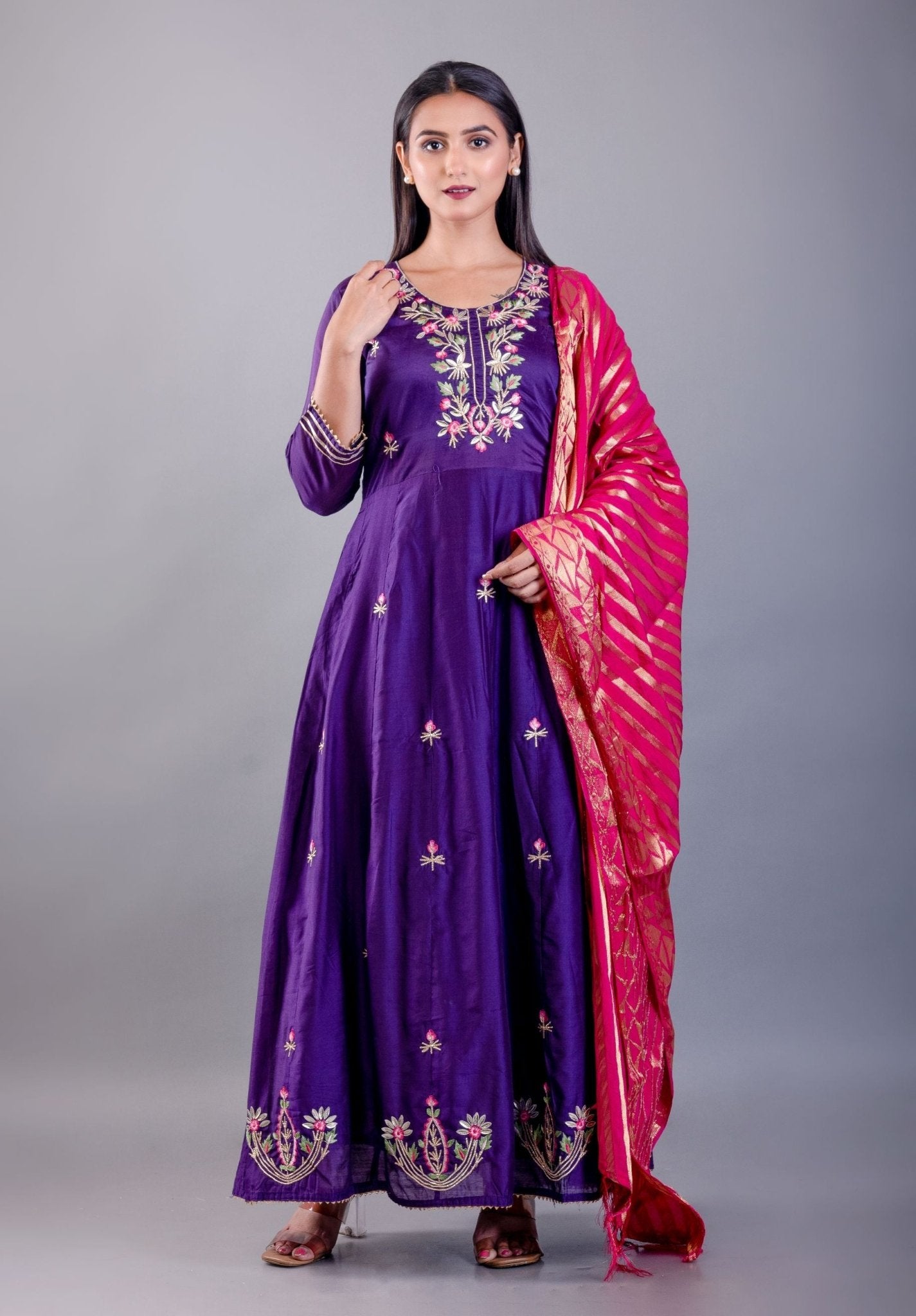 Blue Anarkali Kurti Set With Pink Dupatta - Anvi Couture