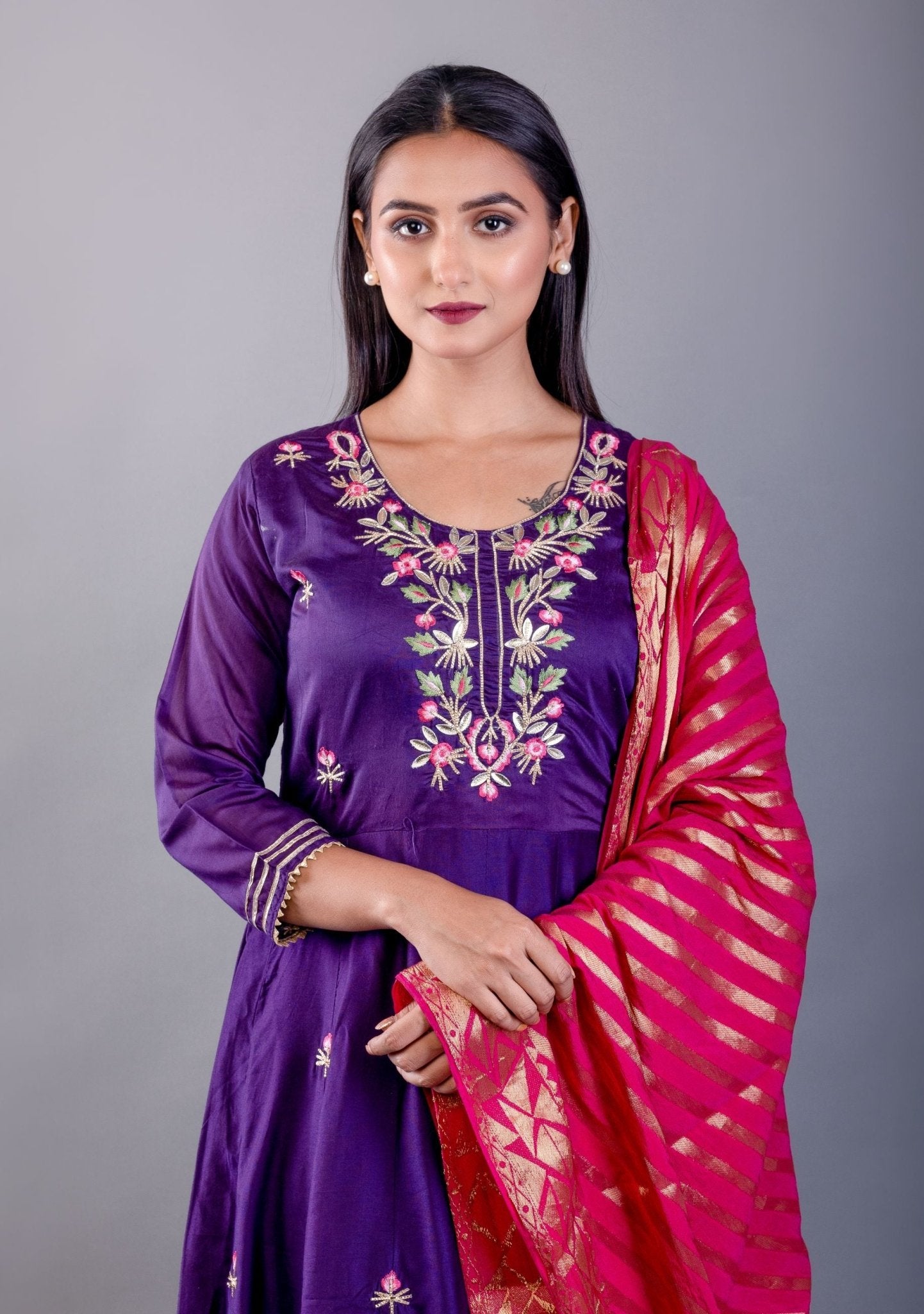 Blue Anarkali Kurti Set With Pink Dupatta - Anvi Couture