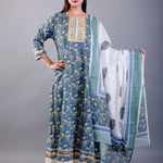 Blue Printed Cotton Anarkali Set - Anvi Couture