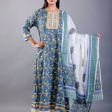 Blue Printed Cotton Anarkali Set - Anvi Couture