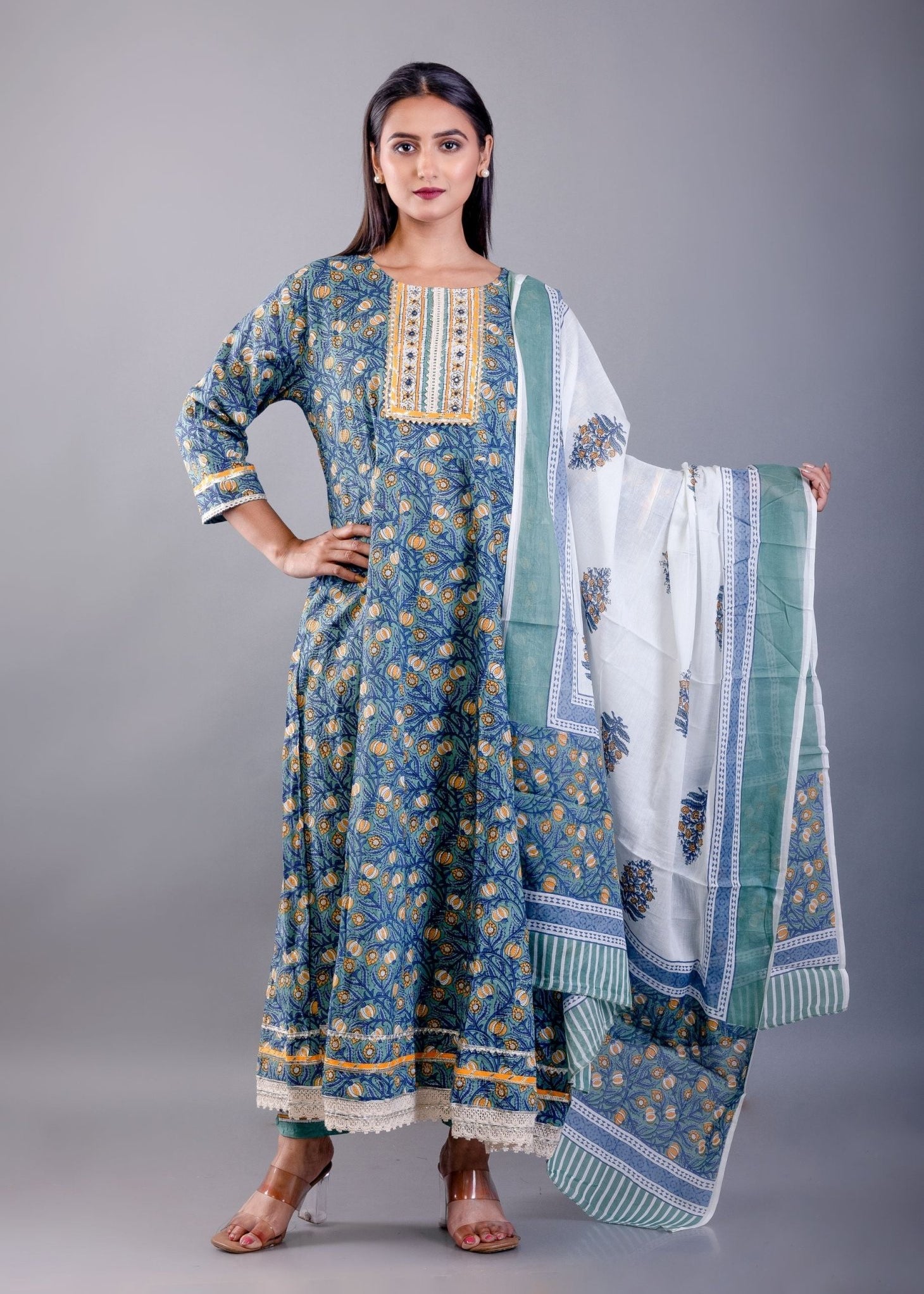 Blue Printed Cotton Anarkali Set - Anvi Couture