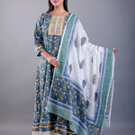 Blue Printed Cotton Anarkali Set - Anvi Couture