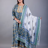 Blue Printed Cotton Anarkali Set - Anvi Couture