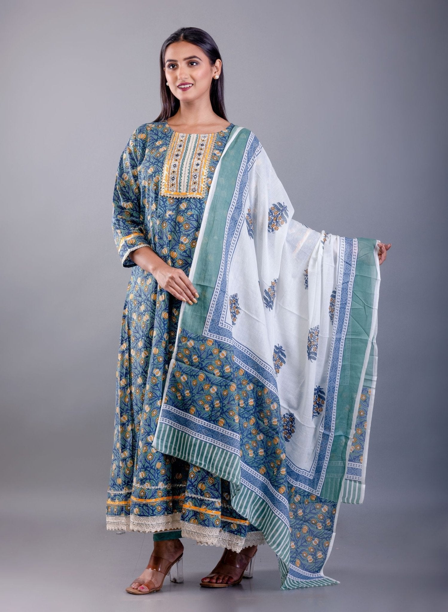 Blue Printed Cotton Anarkali Set - Anvi Couture