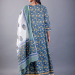 Blue Printed Cotton Anarkali Set - Anvi Couture
