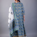 Blue Printed Cotton Anarkali Set - Anvi Couture
