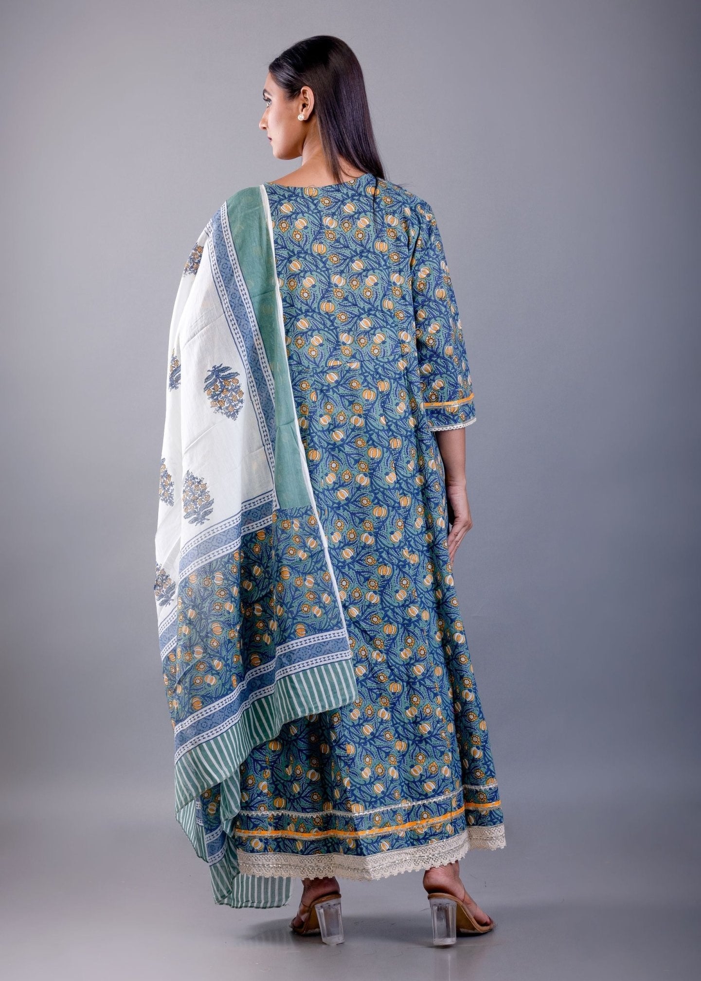 Blue Printed Cotton Anarkali Set - Anvi Couture