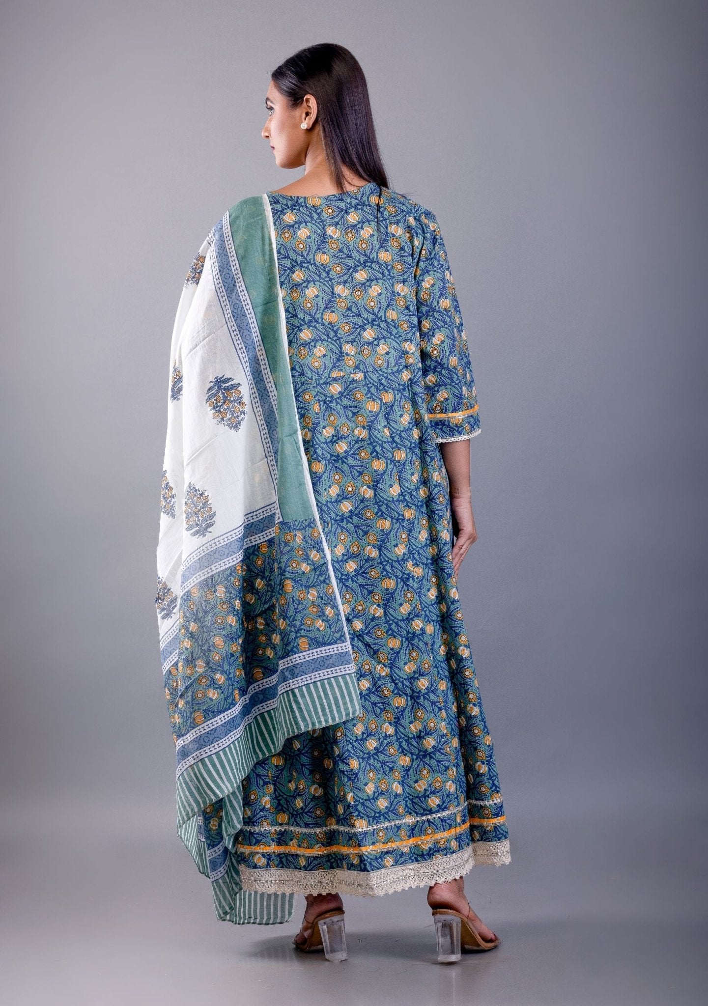 Blue Printed Cotton Anarkali Set - Anvi Couture
