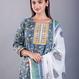 Blue Printed Cotton Anarkali Set - Anvi Couture