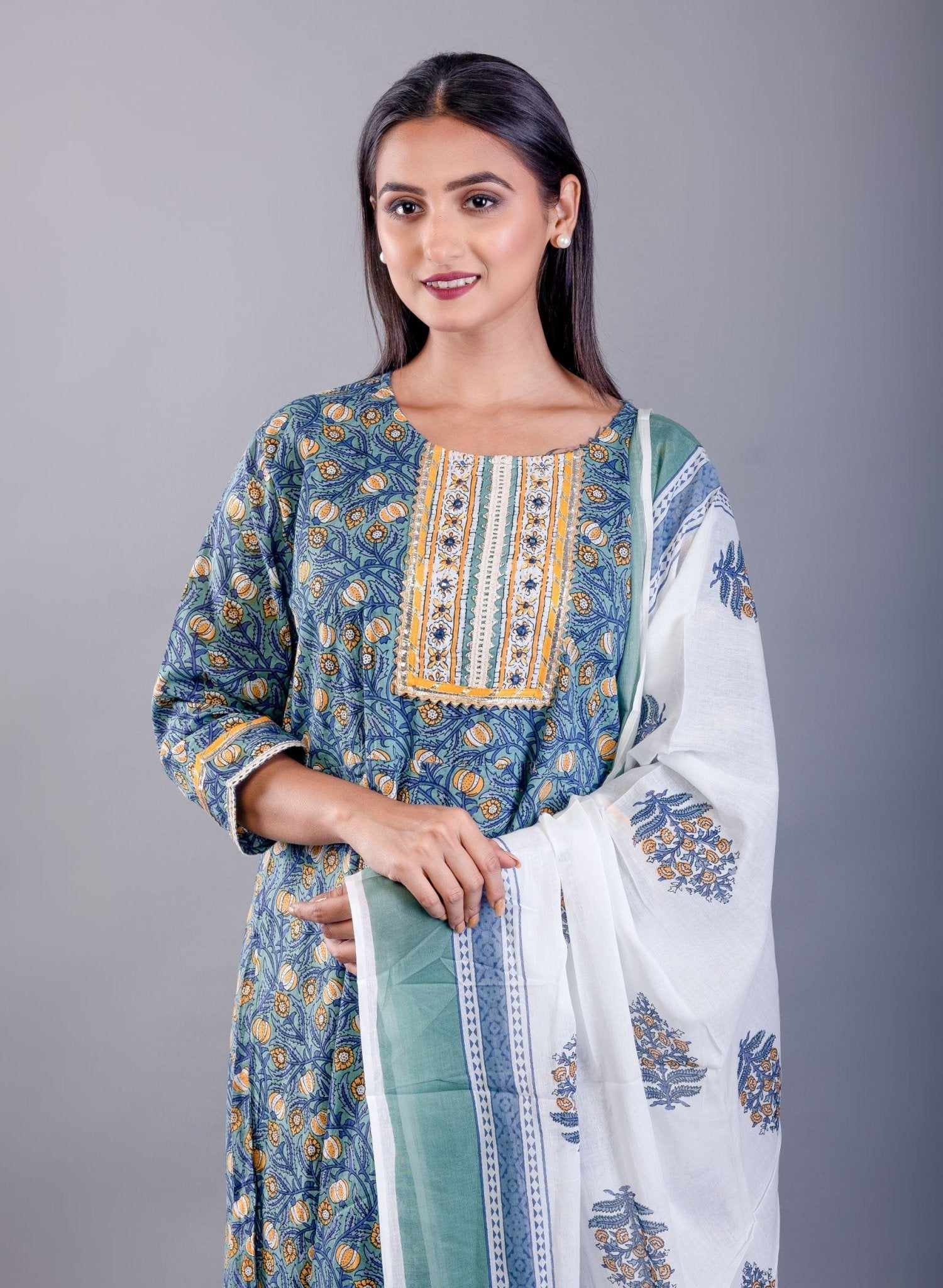 Blue Printed Cotton Anarkali Set - Anvi Couture