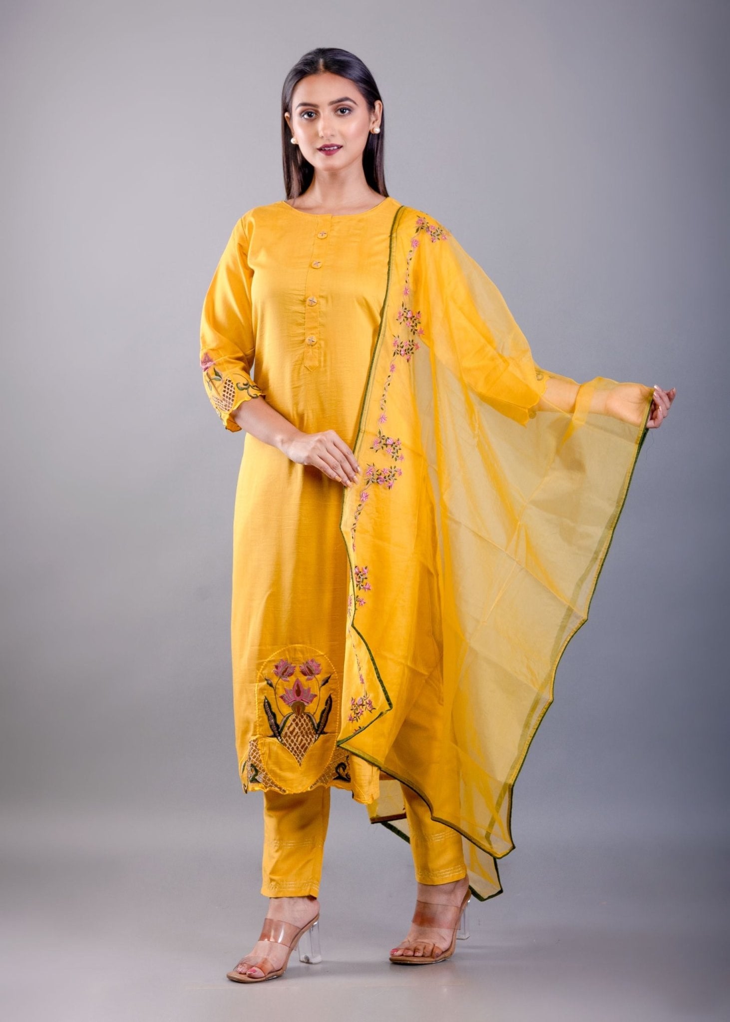 Yellow Straight Kurti Set With Green Embroidery Work - Anvi Couture