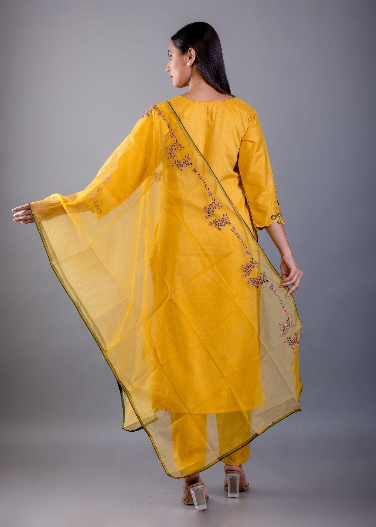 Yellow Straight Kurti Set With Green Embroidery Work - Anvi Couture