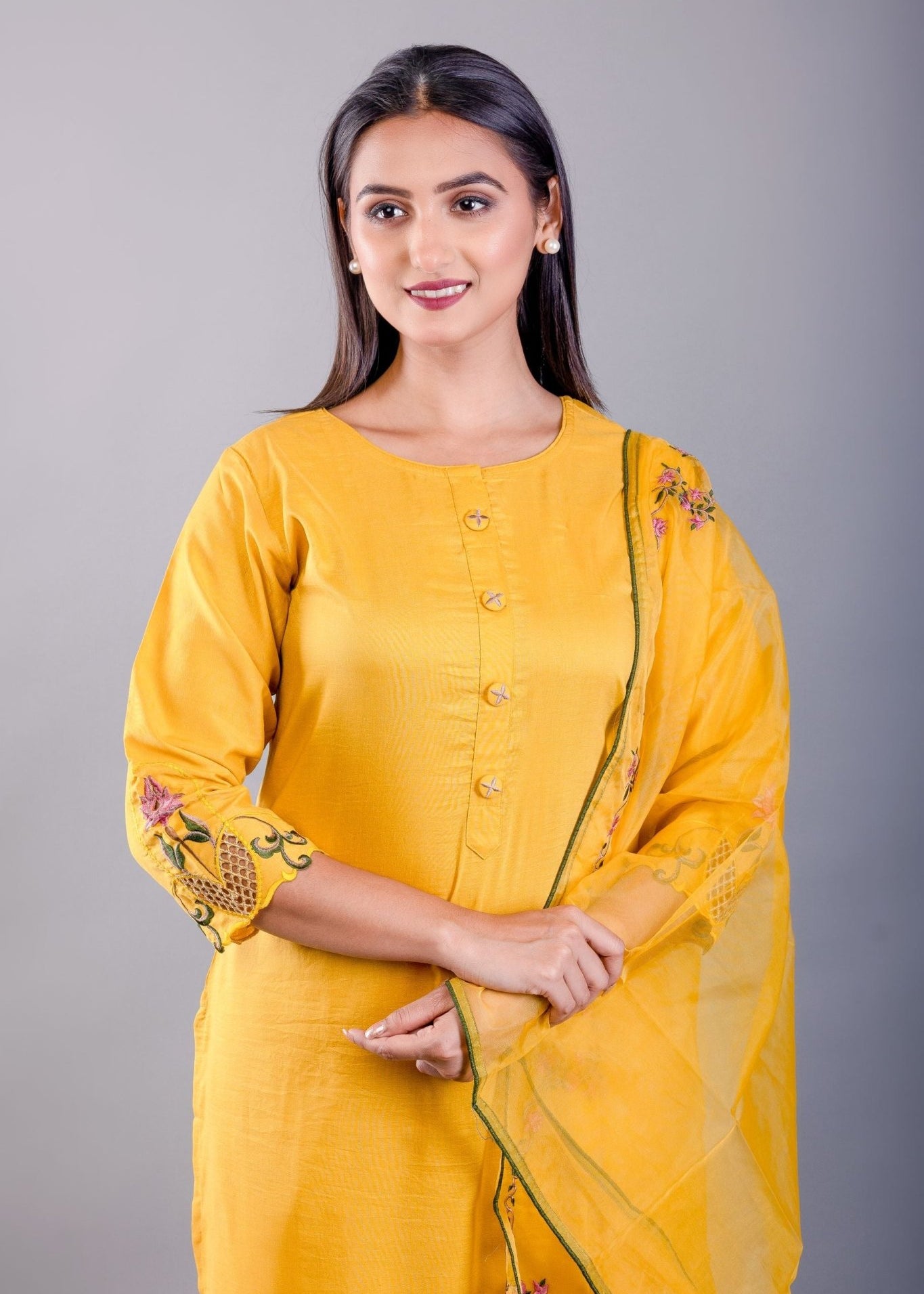 Yellow Straight Kurti Set With Green Embroidery Work - Anvi Couture