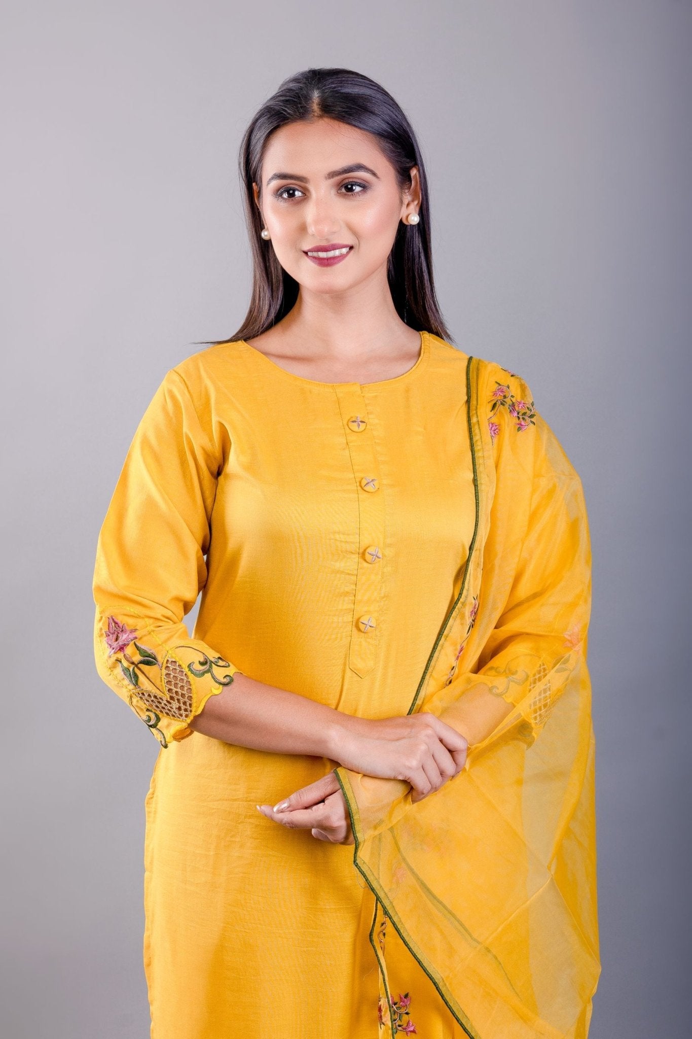 Yellow Straight Kurti Set With Green Embroidery Work - Anvi Couture