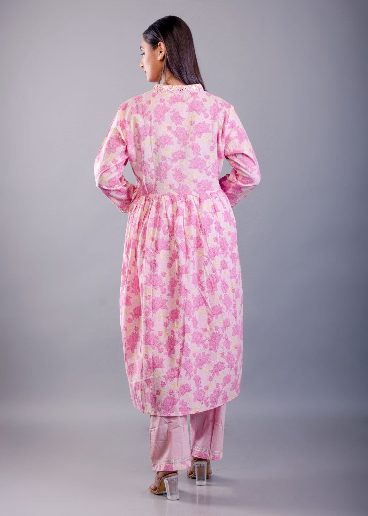 Pink Cotton Alia Cut Kurti Set - Anvi Couture