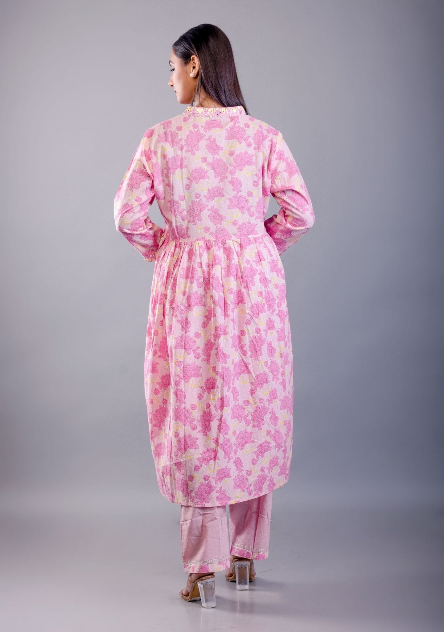 Pink Cotton Alia Cut Kurti Set - Anvi Couture