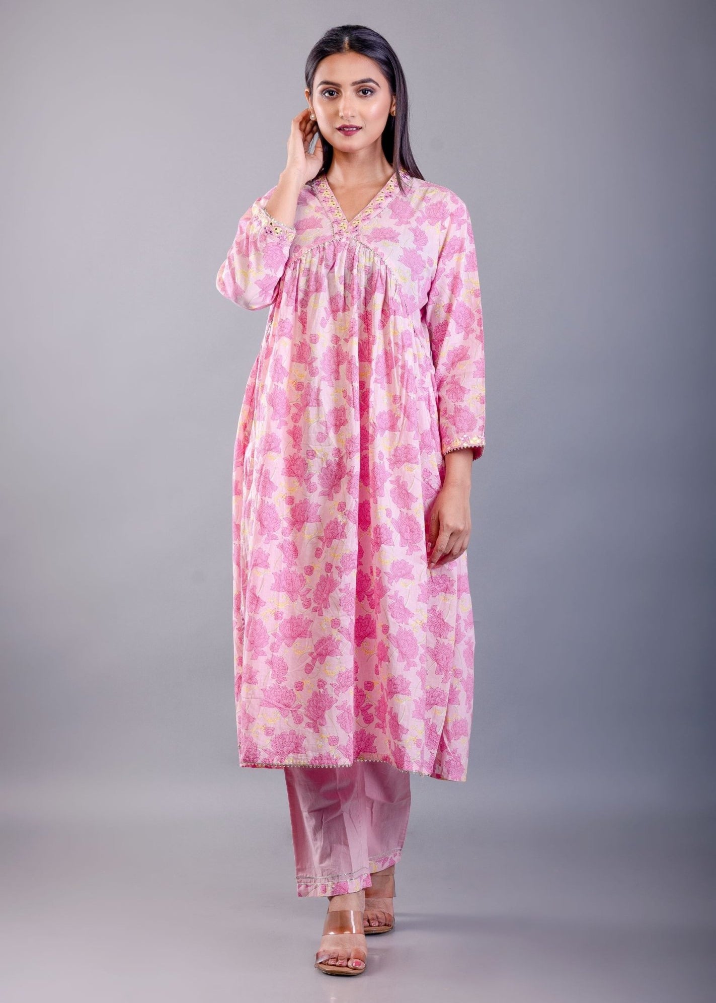 Pink Cotton Alia Cut Kurti Set - Anvi Couture