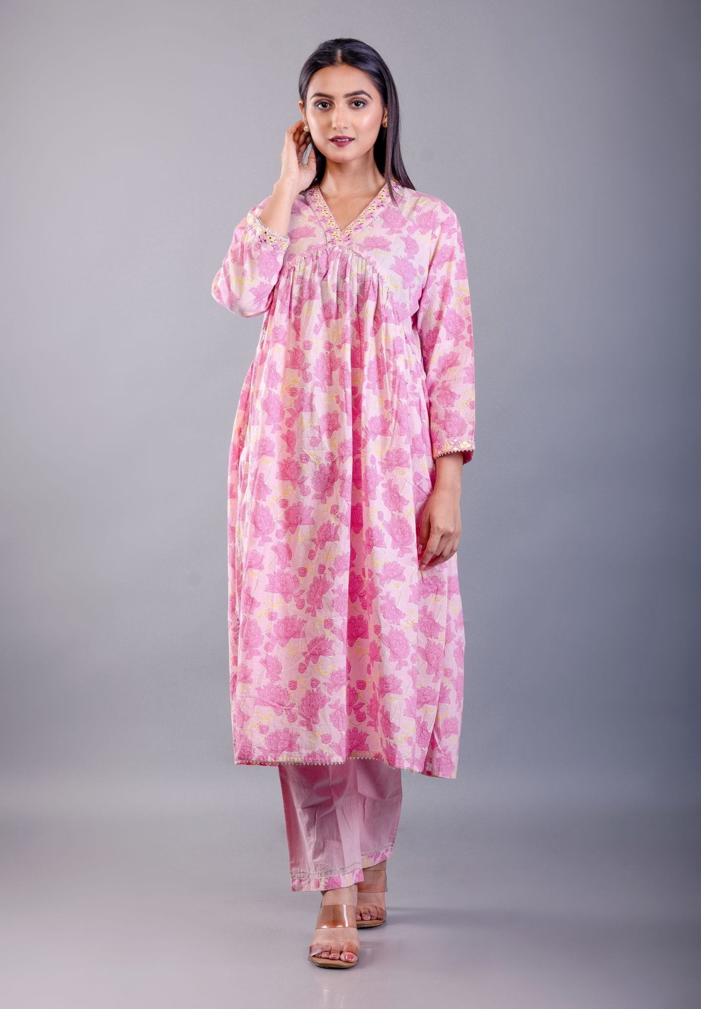 Pink Cotton Alia Cut Kurti Set - Anvi Couture