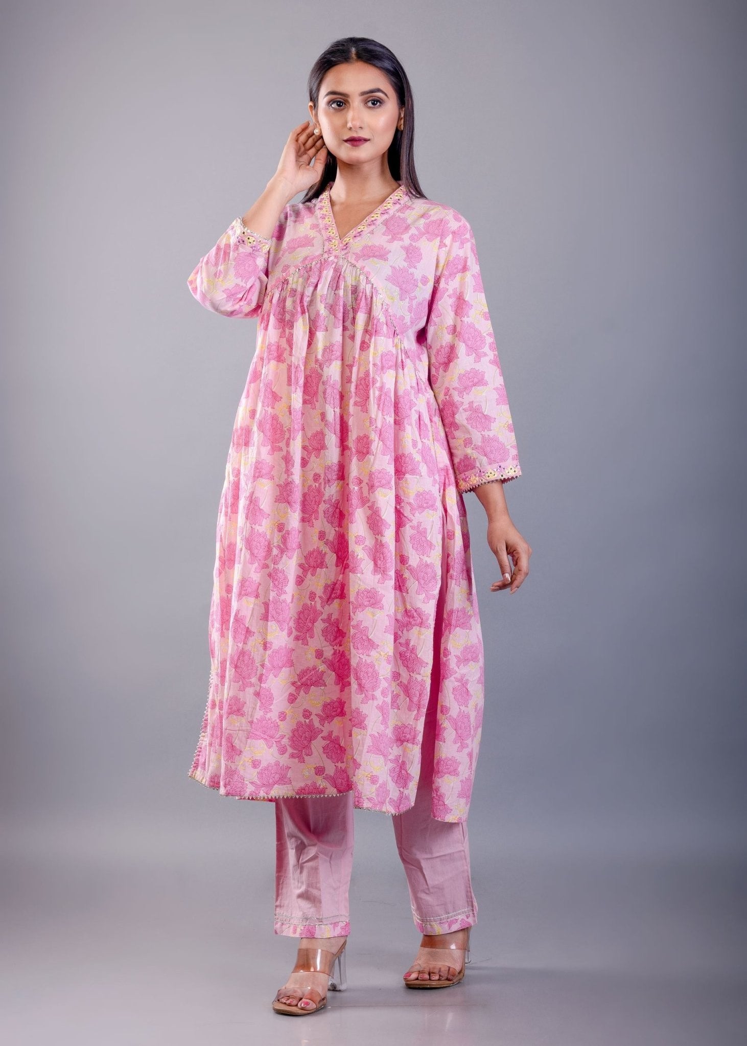 Pink Cotton Alia Cut Kurti Set - Anvi Couture
