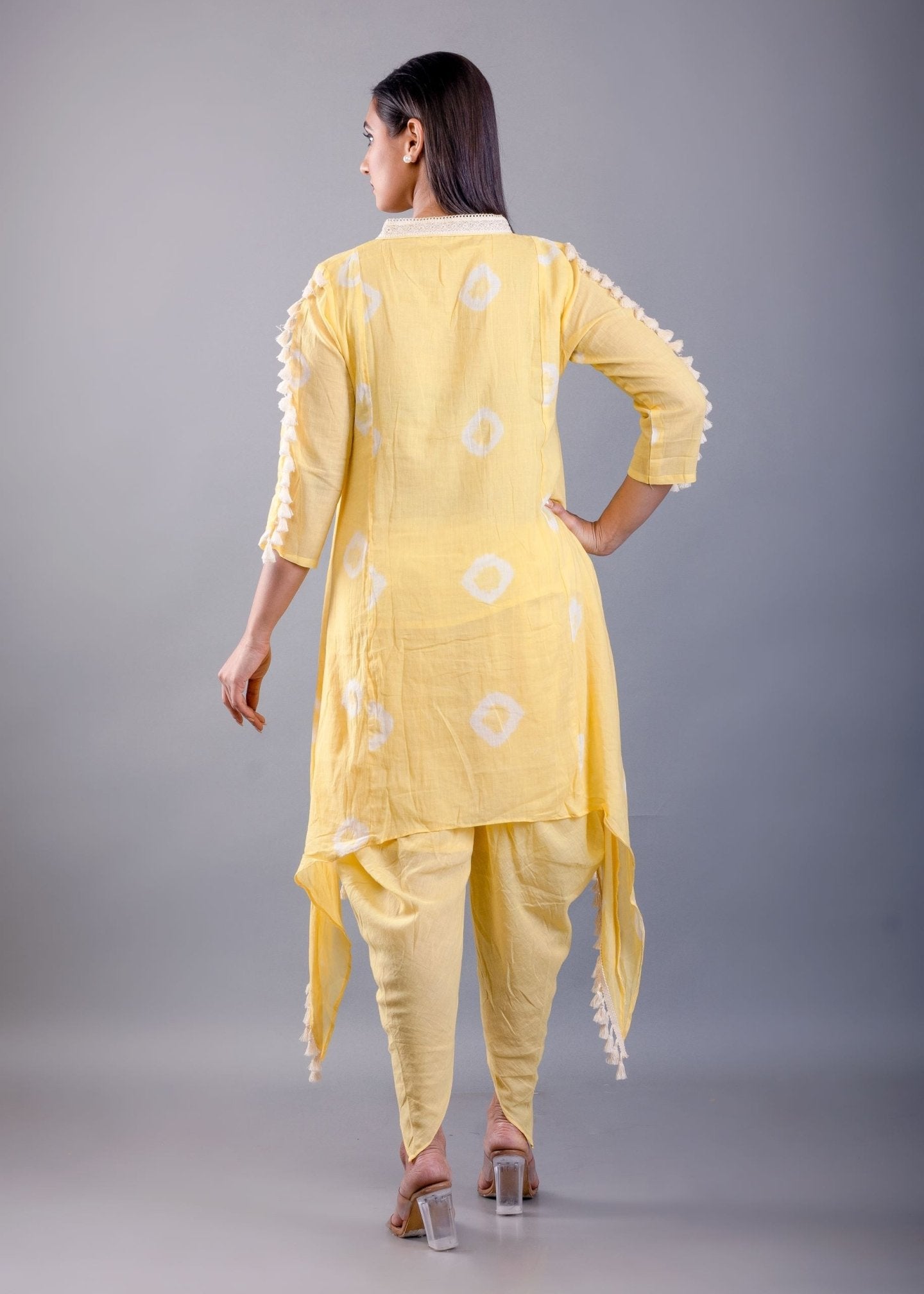 Butter Yellow Dhoti Kurta Set with White Tassels - Anvi Couture