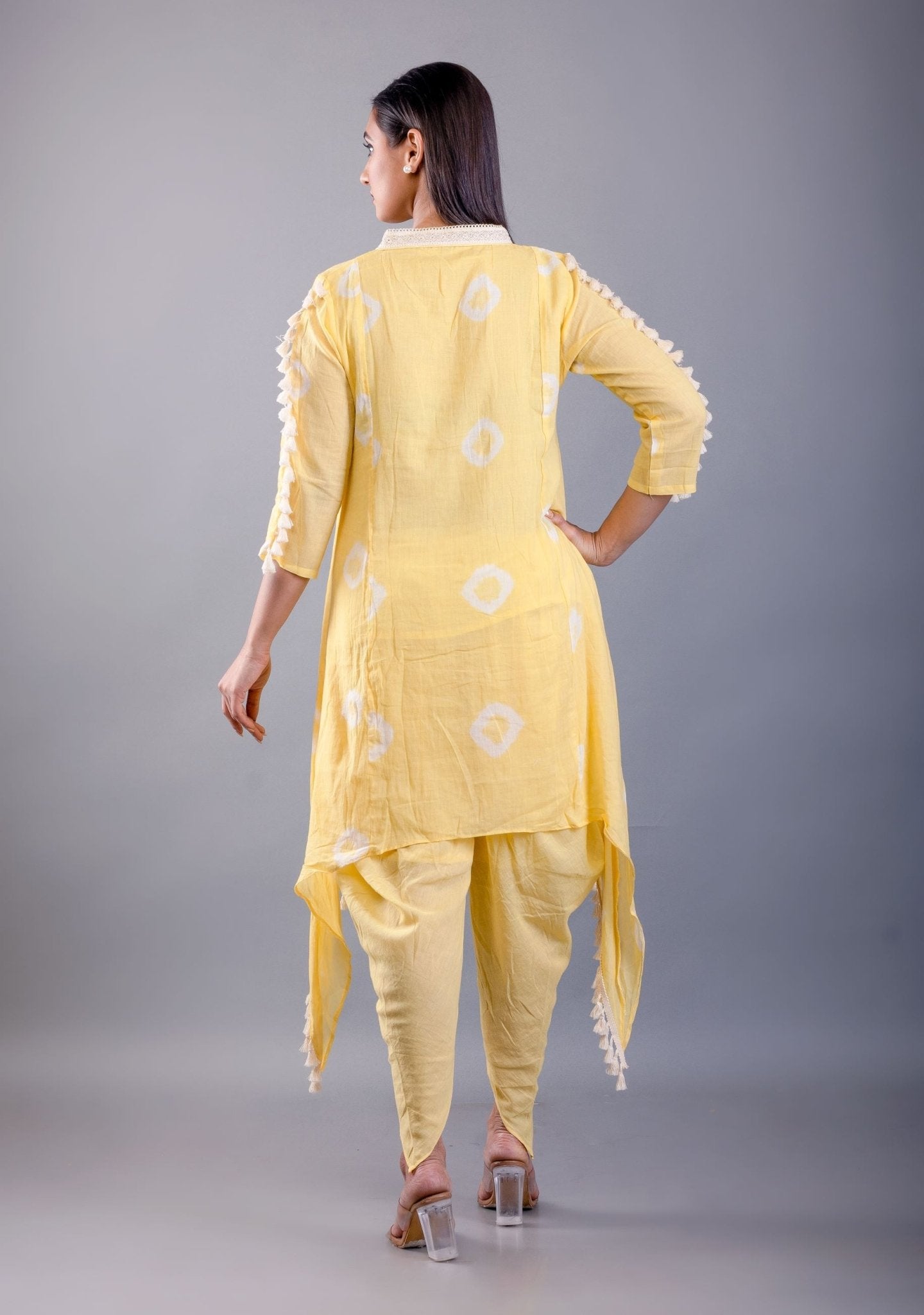Butter Yellow Dhoti Kurta Set with White Tassels - Anvi Couture