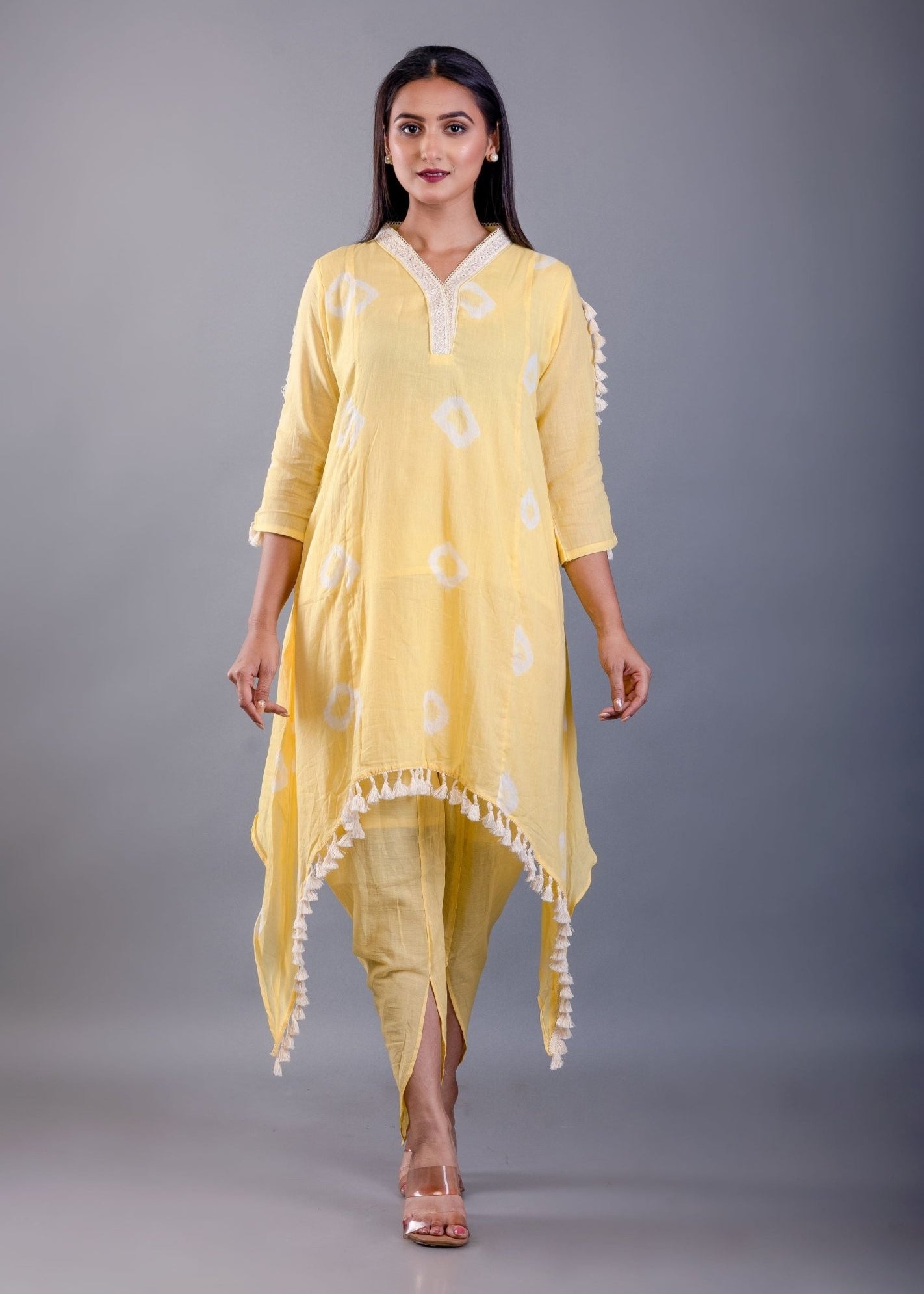 Butter Yellow Dhoti Kurta Set with White Tassels - Anvi Couture