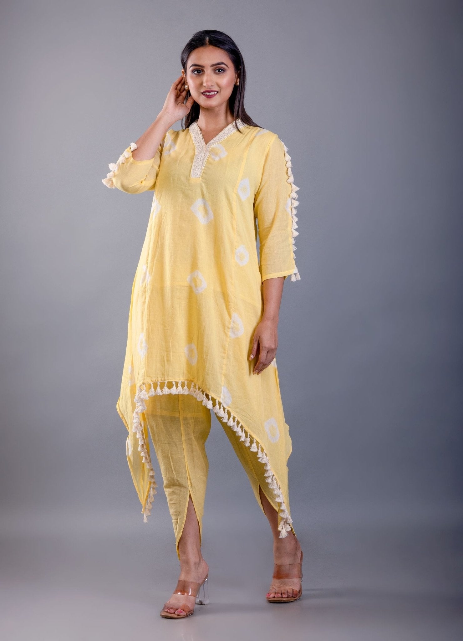 Butter Yellow Dhoti Kurta Set with White Tassels - Anvi Couture