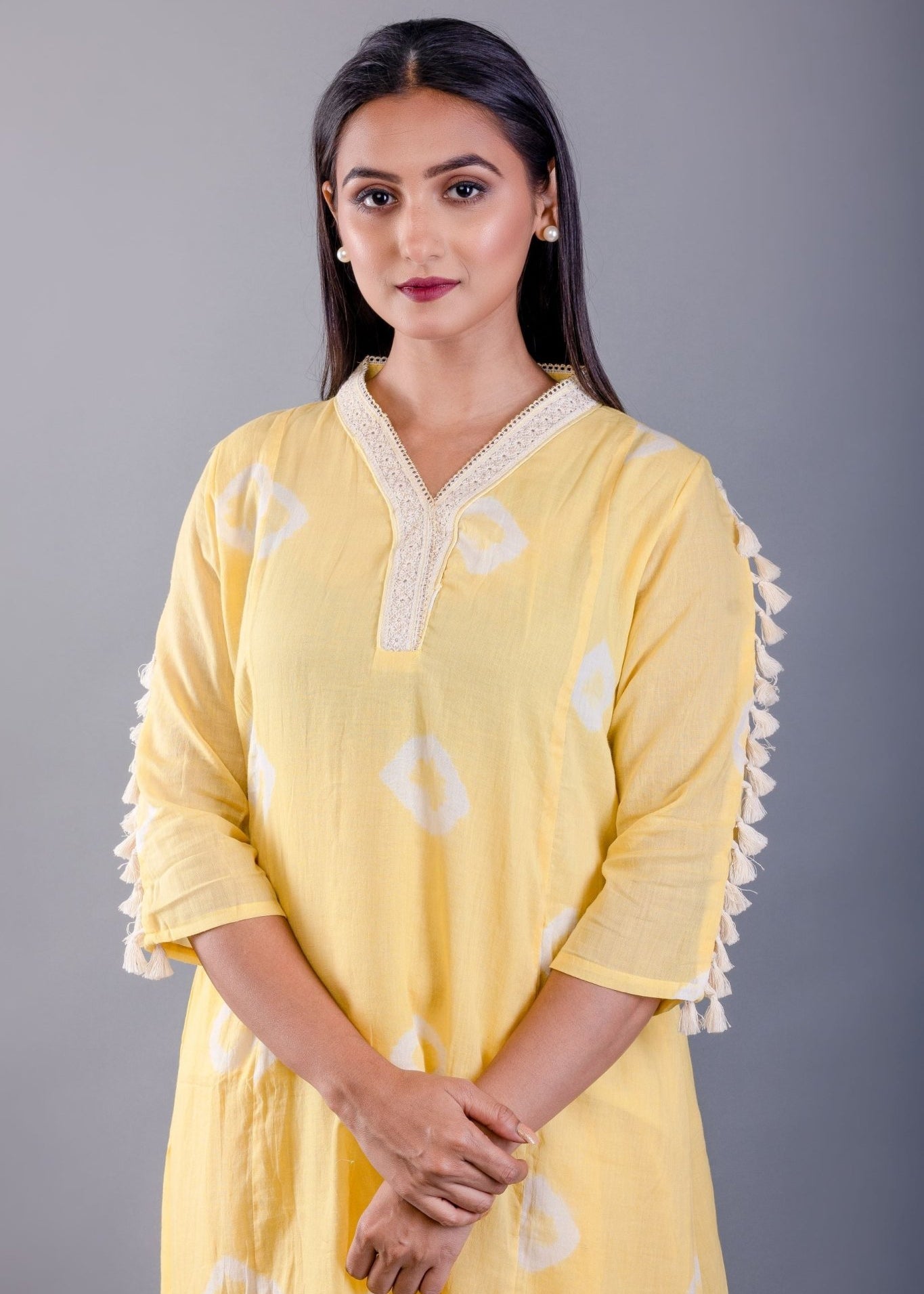 Butter Yellow Dhoti Kurta Set with White Tassels - Anvi Couture