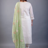 White and Green Cotton Kurti Set with Embroidered Work - Anvi Couture