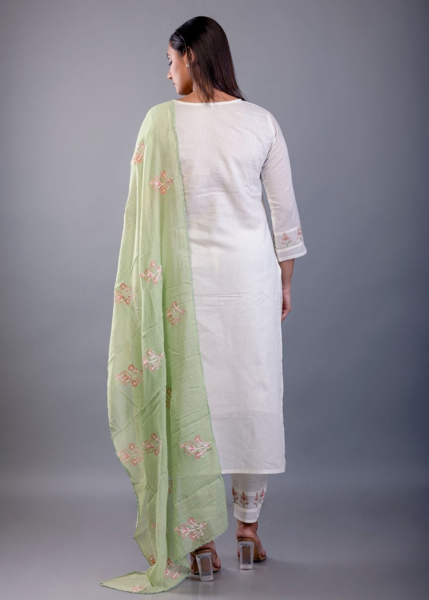 White and Green Cotton Kurti Set with Embroidered Work - Anvi Couture