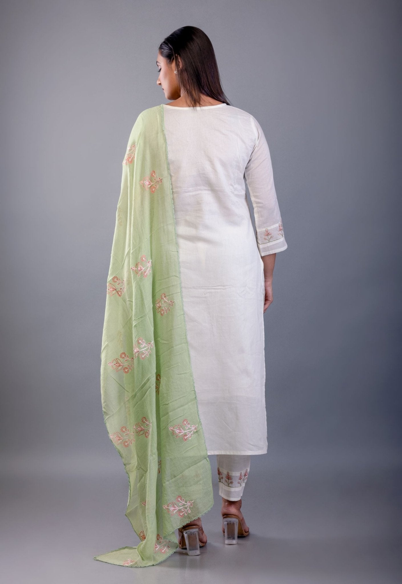 White and Green Cotton Kurti Set with Embroidered Work - Anvi Couture
