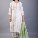 White and Green Cotton Kurti Set with Embroidered Work - Anvi Couture