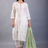 White and Green Cotton Kurti Set with Embroidered Work - Anvi Couture