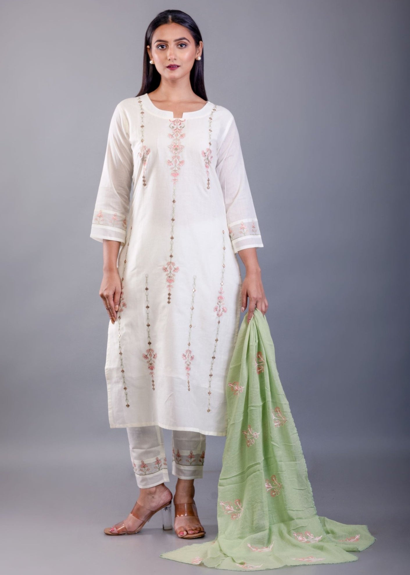 White and Green Cotton Kurti Set with Embroidered Work - Anvi Couture